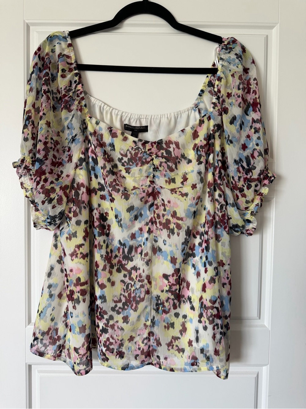 Banana Republic Sheer Floral Puff-Sleeve Blouse in Yellow, Pink & Blue